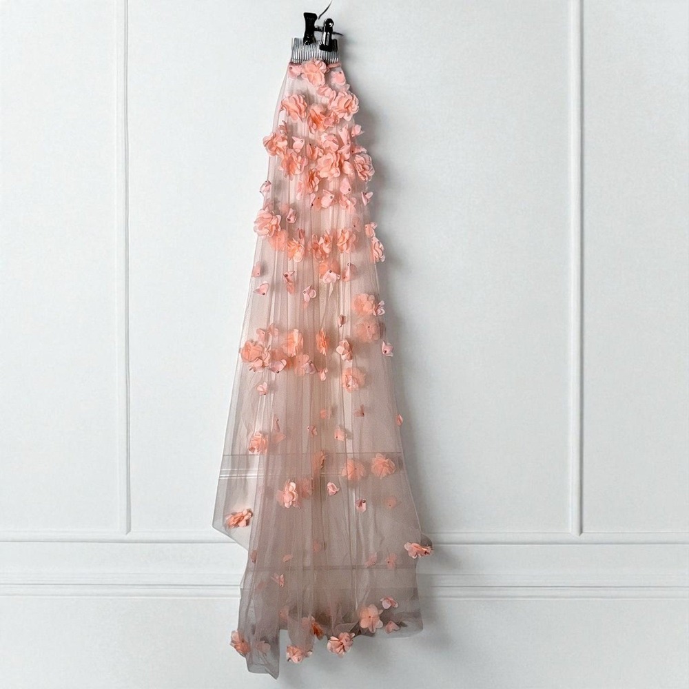 New 39 in Pink Bridal Wedding Veil Flowers Comb Floral Veil Pearl 3D Blush Peach